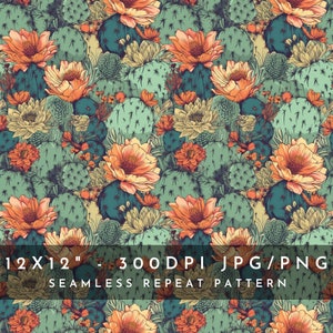 Hand Drawn Cactus Seamless Pattern for Fabric Boho Nature Floral Flower Digital Paper Succulent Greenery Cactus Desert