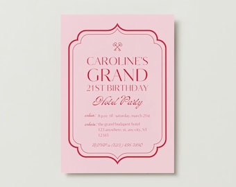 Wes Anderson Themed Party Editable Invitation Template | Hotel Party Template | 21st Birthday Invitation | Red and Pink Invitation