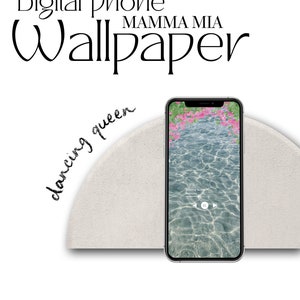 May include: A digital phone wallpaper featuring a blue and green water background with pink flowers. The text "Dancing Queen" is written in cursive on the left side of the screen. The music player is displaying the song "Dancing Queen" by ABBA.