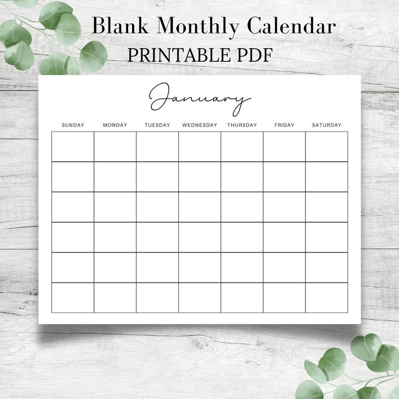 Blank Monthly Calendar Printable Landscape, Minimalist Calendar ...