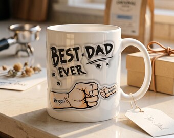 Personalised Dad Mug: 3D Effect, Custom Kids Names Ceramic Keepsake