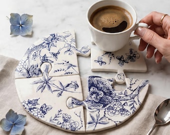 Handmade Puzzle Tile Coasters, Blue Floral Ceramic Home Decor Set