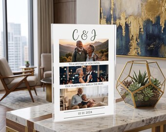 Custom Three Photo Glass Plaque, Romantic Couple Keepsake, Anniversary Gift