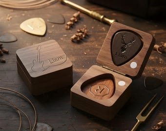 Custom Wooden Guitar Pick Box Personalized Storage Case for Guitarists & Musicians