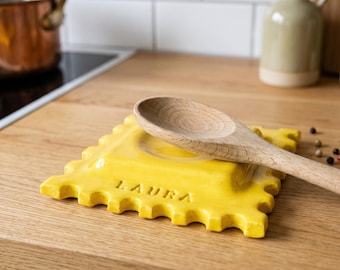 Handmade Ravioli Spoon Rest, Personalized Ceramic Kitchen Decor, Custom Name Gift