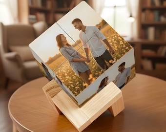 Personalized Photo Cube: Wooden Memory Keepsake, Rotating Picture Display