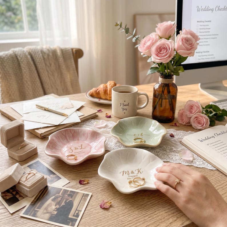 May include: Three scalloped ceramic trinket dishes in pink, light green, and white, each personalized with gold lettering featuring initials and dates. The dishes are arranged on a wooden surface alongside a beige ring box, a mug with the text I Said Yes, and a glass vase containing pink roses.