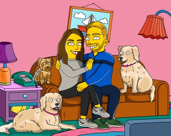 Retrato personalizado de la familia Simpson, retrato personalizado de la pareja Simpson, sofá personalizado de los Simpson, regalo de Simpson para él, regalo de Simpson para ella, arte de Simpson