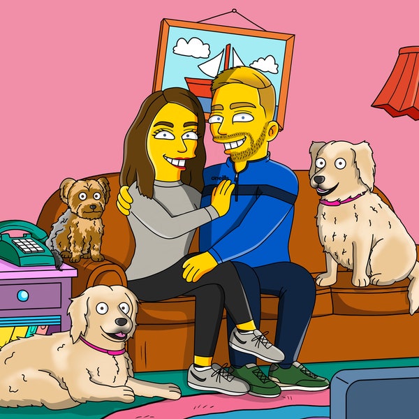 Ritratto di famiglia Simpson personalizzato, Ritratto di coppia Simpson personalizzato, Divano Simpson personalizzato, Regalo Simpson per lui, Regalo Simpson per lei, Arte Simpson