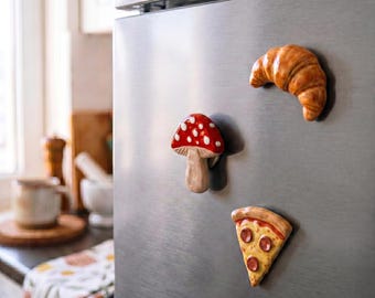 Handmade Clay Mushroom, Pizza, Custom Fridge Magnet, Kitchen Decor, Croissant Fridge Magnets, Clay Fridge Magnets