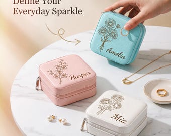 Personalised Birth Flower Jewellery Box Custom Travel Case Gift