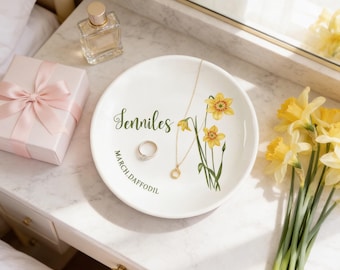 Personalized Ring Dish: Ceramic Tray with Birthflower Design