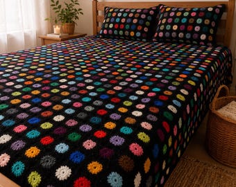 Handmade Vintage bedspread, Handmade Crochet Granny Square Vintage Style Blanket, Double Bed Throw + 2 Matching Cushions