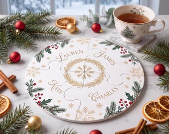 Personalised Christmas Clay Coasters, Handmade Coaster Set with Custom Name, Festive Table Decor Copy Title