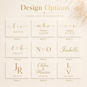 May include: A grid of nine rectangular cards labeled Style 1 through Style 9, displaying various gold-colored text and monogram design options for personalization. The text includes names, initials, dates, and the word Engaged in different fonts.