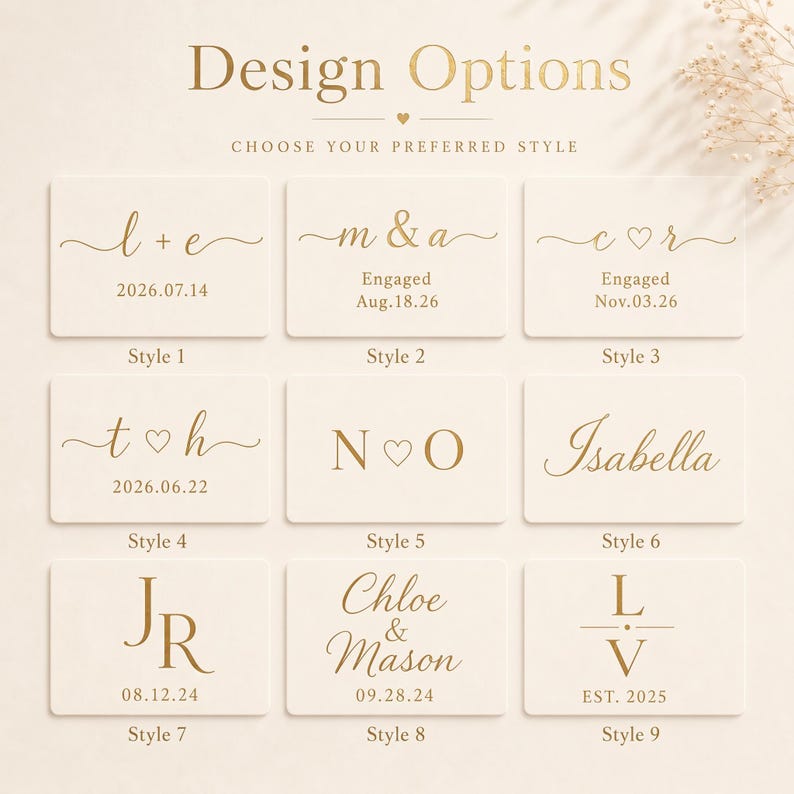 May include: A grid of nine rectangular cards labeled Style 1 through Style 9, displaying various gold-colored text and monogram design options for personalization. The text includes names, initials, dates, and the word Engaged in different fonts.