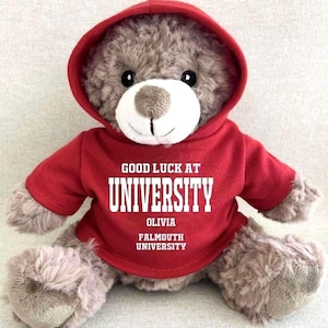 May include: A plush teddy bear with light brown fur wearing a red hooded sweatshirt. The sweatshirt features white text that reads GOOD LUCK AT UNIVERSITY, OLIVIA, FALMOUTH UNIVERSITY. The bear has a white muzzle and a dark brown stitched nose.