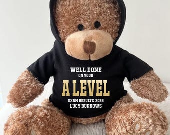 Personalised A Level Results Hoodie Bear, Well Done Exams Brown Golden Keepsake Teddy, Congrats White Black Hoody Bear, Gold Foil 2026 Gift