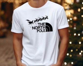 Men’s North Pole T Shirt, Santa Sleigh Christmas TShirt, Festive Tops For Men, Xmas Unisex Black White Shirt, 100% Cotton White Black Top