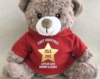 Personalised First Christmas Gold Star Hoodie Bear, Babies 1st Christmas 2026 Red Green Navy Blue Pink Purple White Hoodie Keepsake Teddy