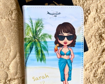 Personalised Passport Caricature Cover, Beach Girl Faux Leather Passport Holder, Summer Bikini Passport Cover, Cocktails Holiday Passport