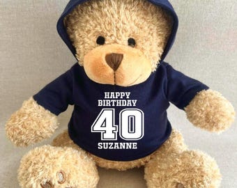 Personalised Any Age Happy Birthday Hoodie Bear, Blue Pink Navy Green Red Purple Black White Hoody Bear, 18 21 30 40 50 60 Keepsake Bear