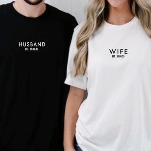 Personalised Wife Husband TShirts, Matching Couple Unisex T Shirts, Est Custom Date Black White Minimalistic Tee, Mens Ladies Honeymoon Tops