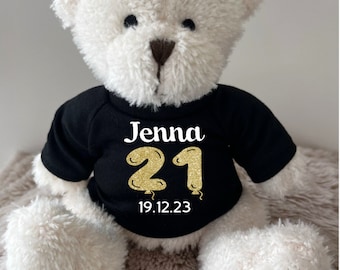 Personalised Any Age Birthday Balloons Bear, Custom Name Keepsake Soft Teddy Bear, Glitter Foil Balloons Special Teddy, 18 21 30 40 50 Bear