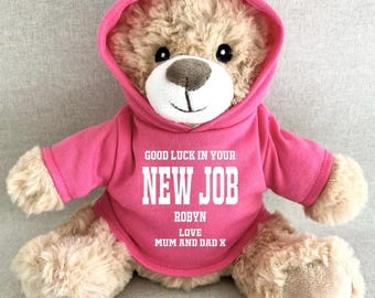 Personalised New Job Hoodie Bear, Good Luck New Job Keepsake Teddy, White Black Navy Red Blue Green Purple  Hoody Teddy Bear Gift