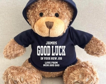 Personalised New Job Hoodie Bear, Good Luck New Job Keepsake Teddy, White Black Navy Red Blue Green Purple  Hoody Teddy Bear Gift