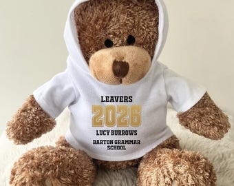 Personalised School Leavers 2026 Hoodie Bear, Class of 2026 Keepsake Teddy, Black White Hoodie Gold Foil Graduate Bear, College Gift Bear