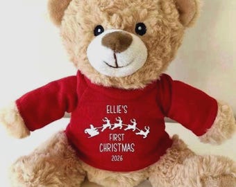 Personalised First Christmas Teddy Bear, Babies 1st Christmas 2026 Xmas Keepsake, Soft Cuddly Custom Name / Year Childs Teddy Bear Gift