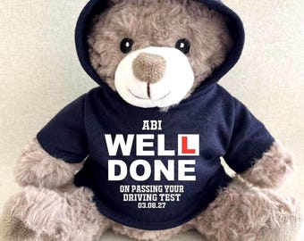 Personalised Passed Driving Test Hoodie Bear, Well Done New Driver Keepsake Bear, Blue Pink Green Red Purple Navy Black Hoody Teddy Bear