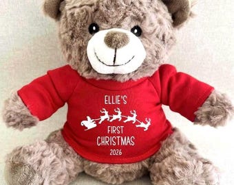 Personalised First Christmas Teddy Bear, Babies 1st Christmas 2026 Xmas Keepsake, Soft Cuddly Custom Name / Year Childs Teddy Bear Gift