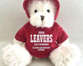 Personalised Leavers 2026 Hoodie Bear, Class Of 2026 Graduate Keepsake, School Red Green Royal Blue Navy Purple Pink Hoodie Leavers Gift