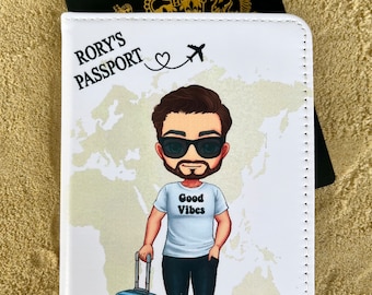 Personalised Passport Cover Caricature, Travel Man Custom Faux Leather Passport Holder, Men’s Fathers Day Gift, Unique Gift for Him