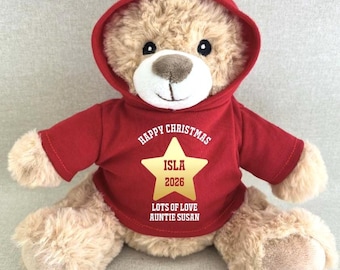 Personalised Happy Christmas Gold Star Hoodie Bear,  Christmas 2026 Red Green Navy Blue Pink Purple White Hoodie Keepsake Any Age Xmas Bear
