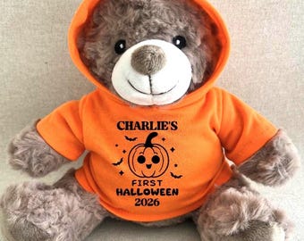 Personalised First Halloween Orange Hoody Teddy Bear, Keepsake Cute Pumpkin Milestone Babies 1st Halloween Gift Bear, Soft Cuddly 2026 Gift