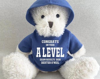 Personalised A Level Exam Results Hoodie Bear, Well Done 2026 Keepsake Teddy, White Black Navy Red Blue Green Purple  Hoody Teddy Bear Gift