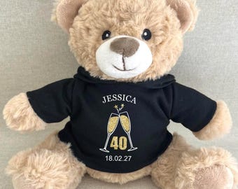Personalised Any Age Birthday Glitter Champagne Hoodie Bear, Blue Pink Navy Green Red Purple Black White Hoody Bear, 18 21 30 40 50 60 Gift