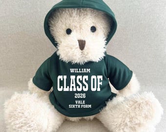 Personalised Leavers 2026 Hoodie Bear, Class Of 2026 Keepsake Teddy, School Red Green Royal Blue Navy Purple Pink Hoodie Leavers Gift Bear