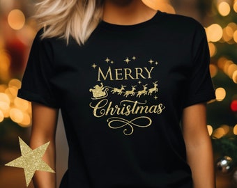 Glitter Merry Christmas T Shirt, Sparkly Santa Sleigh Gold Silver Red Sparkling TShirt, Festive Womans Xmas Top, Unisex 100% Cotton Shirt