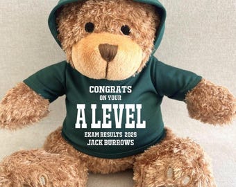 Personalised A Level Exam Results Hoodie Bear, Well Done 2026 Keepsake Teddy, White Black Navy Red Blue Green Purple  Hoody Teddy Bear Gift