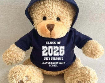 Personalised Graduate 2026 Hoodie Bear, Class Of Leavers 2026 Keepsake Teddy, School Red Green Royal Blue Navy Purple Pink Hoodie Gift Bear