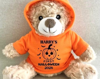 Personalised First Halloween Orange Hoody Teddy Bear, Keepsake Cute Pumpkin Milestone Babies 1st Halloween Gift Bear, Halloween 2026 Gift