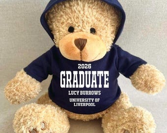 Personalised Graduate Leavers  2026 Hoodie Bear, Class Of 2026 Keepsake Teddy, School Red Green Royal Blue Navy Purple Pink Hoodie Gift Bear