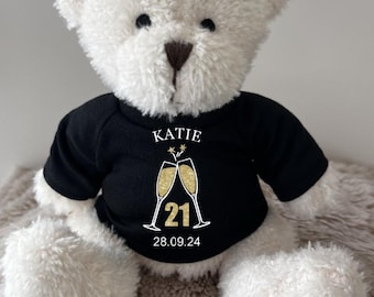 Personalised Any Age Birthday Glitter Champagne Bear, Keepsake Teddy Bear, Sparkly Gold Pink Silver Red TShirt Bear, 18 21 30 40 50 60 Gifts