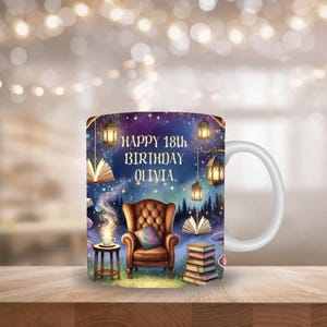 Personalised Any Age Birthday Book Theme Mug, Custom Age 18 21 30 40 50 60 70 Book Lover Gift, Magical Whimsical Keepsake Milestone Book Mug
