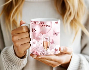 Personalised Any Age Birthday Milestone Mug, Elegant Pink Balloons Champagne Glass With Age Name Mug, Classy Keepsake 18 21 30 40 50 60 Mug