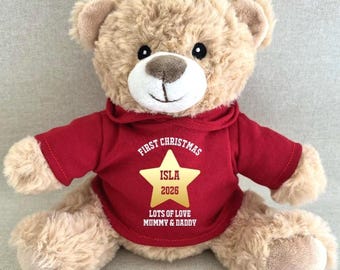 Personalised First Christmas Gold Star Hoodie Bear, Babies 1st Christmas 2026 Red Green Navy Blue Pink Purple White Hoodie Keepsake Teddy